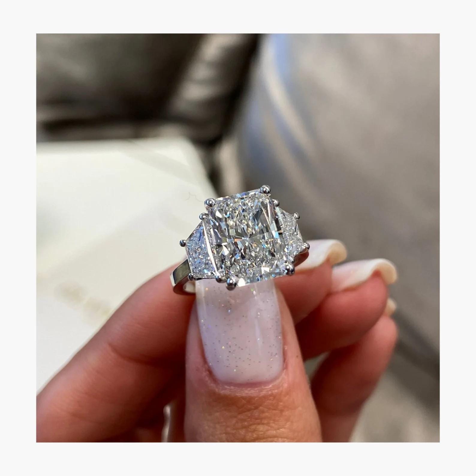 5 Ct Moissanite Radiant Cut with Trapezoid Side Three Stone 14kt Engagement Ring