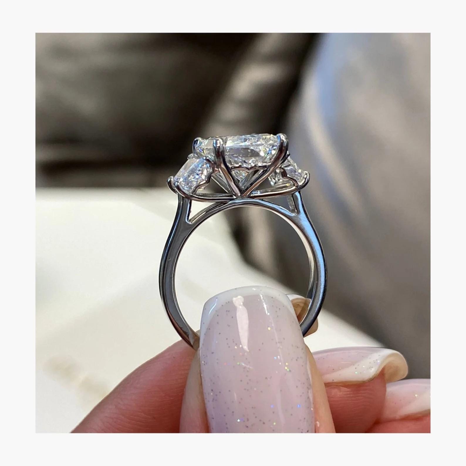 5 Ct Moissanite Radiant Cut with Trapezoid Side Three Stone 14kt Engagement Ring