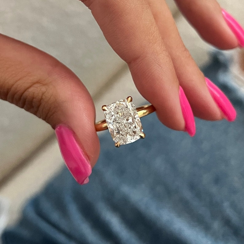 5 Carat Elongated Cushion Cut Lab Grown Engagement Ring 14k Yellow Gold solitaire Diamond Thin Wedding Ring Promise Ring For Her