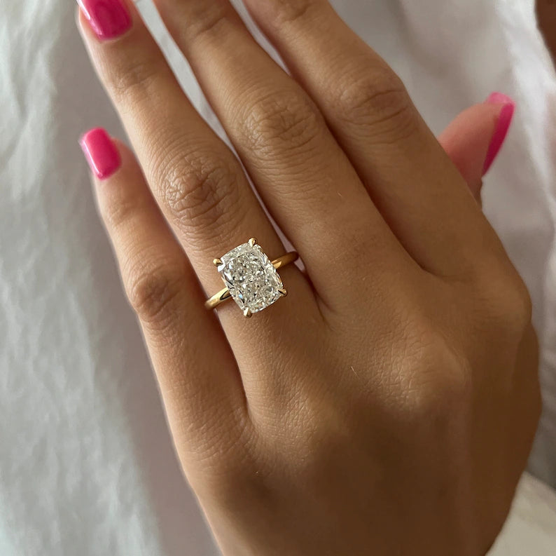5 Carat Elongated Cushion Cut Lab Grown Engagement Ring 14k Yellow Gold solitaire Diamond Thin Wedding Ring Promise Ring For Her