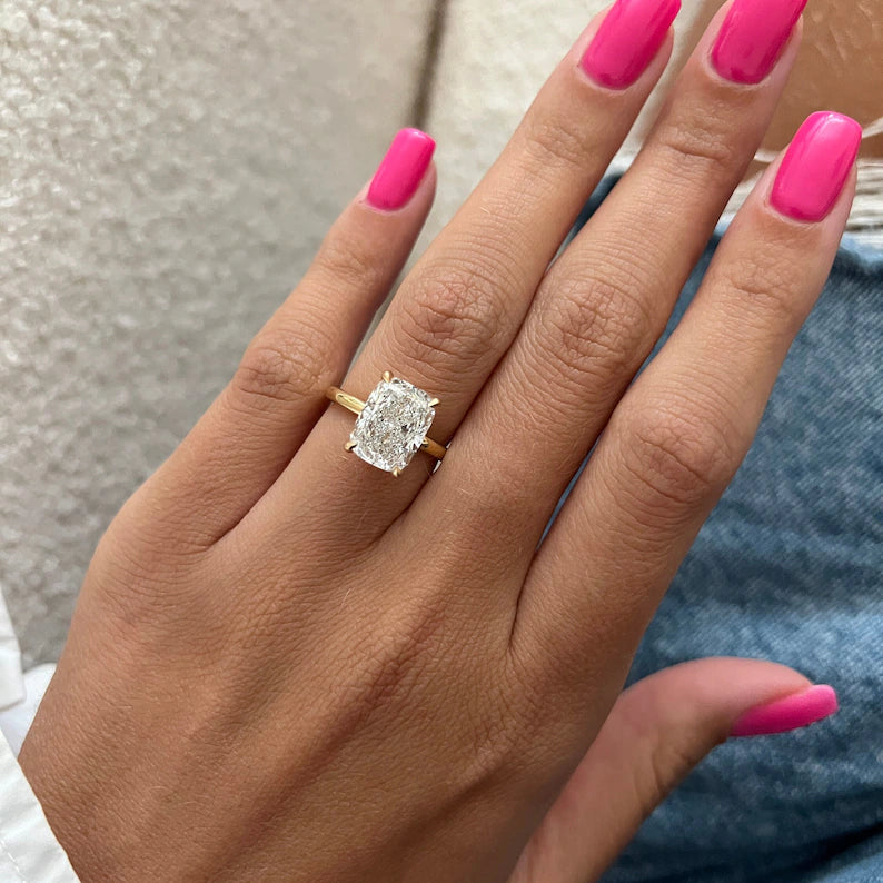 5 Carat Elongated Cushion Cut Lab Grown Engagement Ring 14k Yellow Gold solitaire Diamond Thin Wedding Ring Promise Ring For Her
