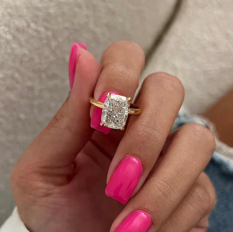 5 Carat Elongated Cushion Cut Lab Grown Engagement Ring 14k Yellow Gold solitaire Diamond Thin Wedding Ring Promise Ring For Her