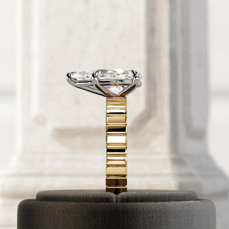 5 Carat Pear Shape Lab Grown Diamond Solitaire Engagement Ring Cigar Band Wedding Ring Thick Wide Band Pear Cut Diamond Unique Two Tone Ring