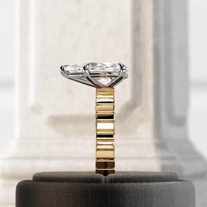 5 Carat Pear Shape Lab Grown Diamond Solitaire Engagement Ring Cigar Band Wedding Ring Thick Wide Band Pear Cut Diamond Unique Two Tone Ring