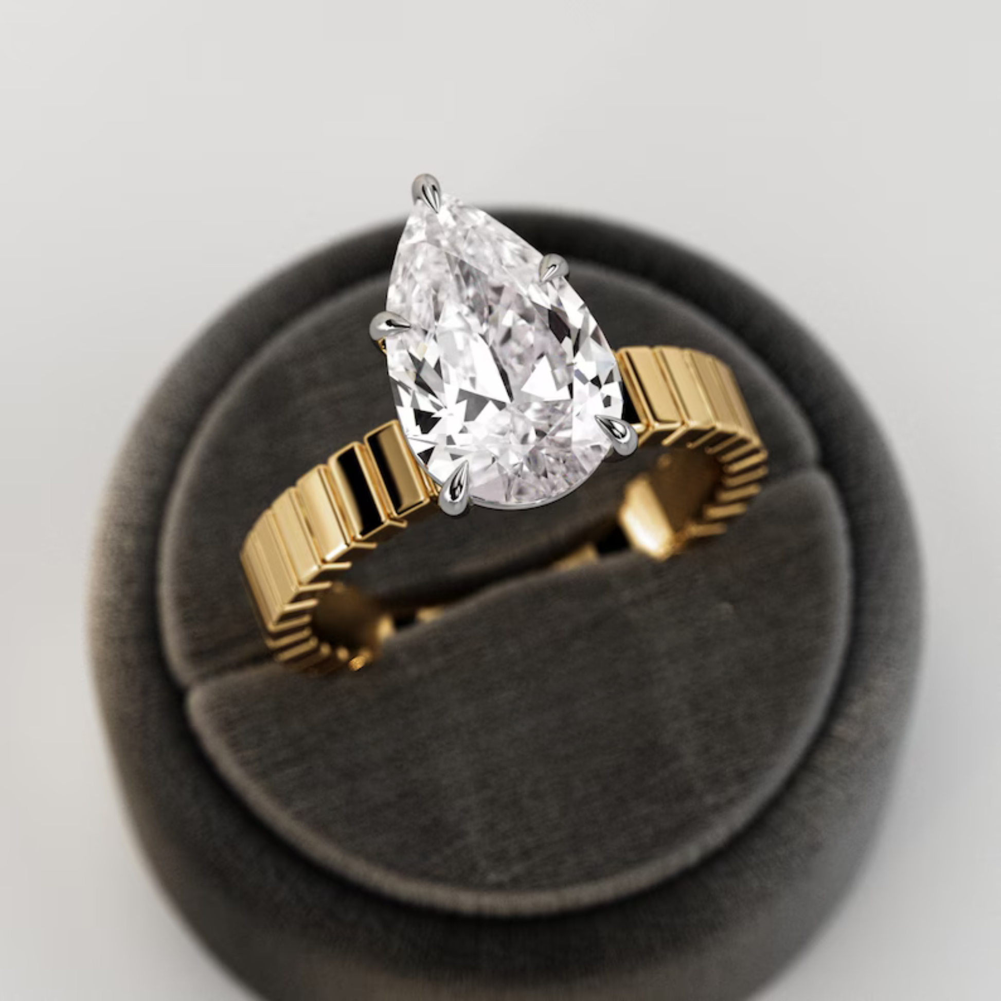 5 Carat Pear Shape Lab Grown Diamond Solitaire Engagement Ring Cigar Band Wedding Ring Thick Wide Band Pear Cut Diamond Unique Two Tone Ring