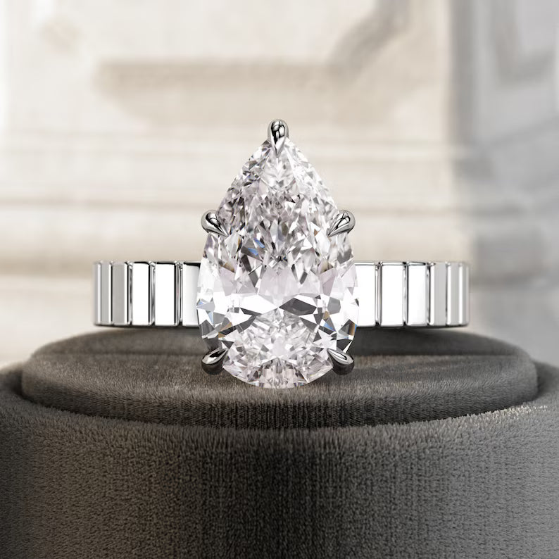 5 Carat Pear Shape Lab Grown Diamond Solitaire Engagement Ring Cigar Band Wedding Ring Thick Wide Band Pear Cut Diamond Unique Two Tone Ring