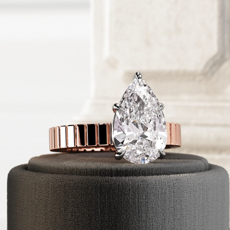 5 Carat Pear Shape Lab Grown Diamond Solitaire Engagement Ring Cigar Band Wedding Ring Thick Wide Band Pear Cut Diamond Unique Two Tone Ring