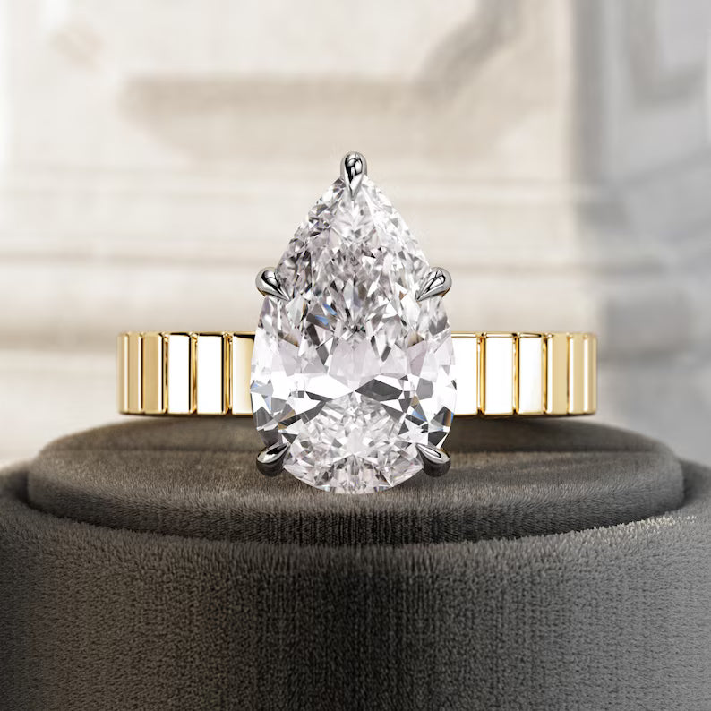 5 Carat Pear Shape Lab Grown Diamond Solitaire Engagement Ring Cigar Band Wedding Ring Thick Wide Band Pear Cut Diamond Unique Two Tone Ring