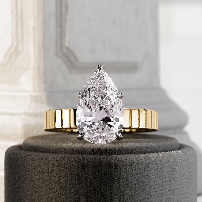 5 Carat Pear Shape Lab Grown Diamond Solitaire Engagement Ring Cigar Band Wedding Ring Thick Wide Band Pear Cut Diamond Unique Two Tone Ring
