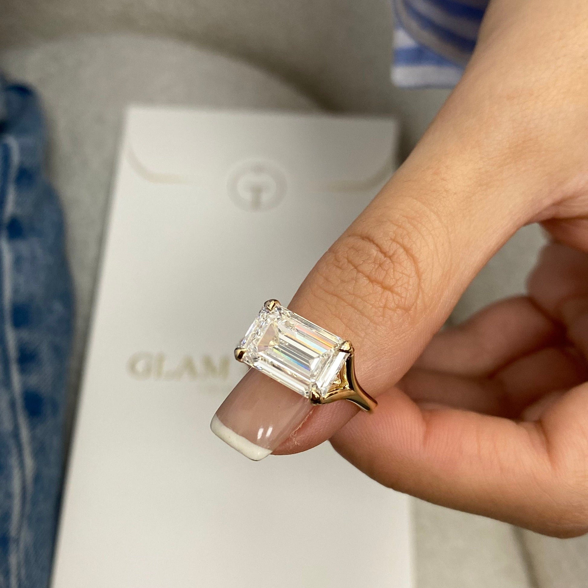 6 Ct Emerald Cut Moissanite Diamond Horizontal Solitaire Proposal Engagement Ring