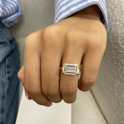 6 Ct Emerald Cut Moissanite Diamond Horizontal Solitaire Proposal Engagement Ring