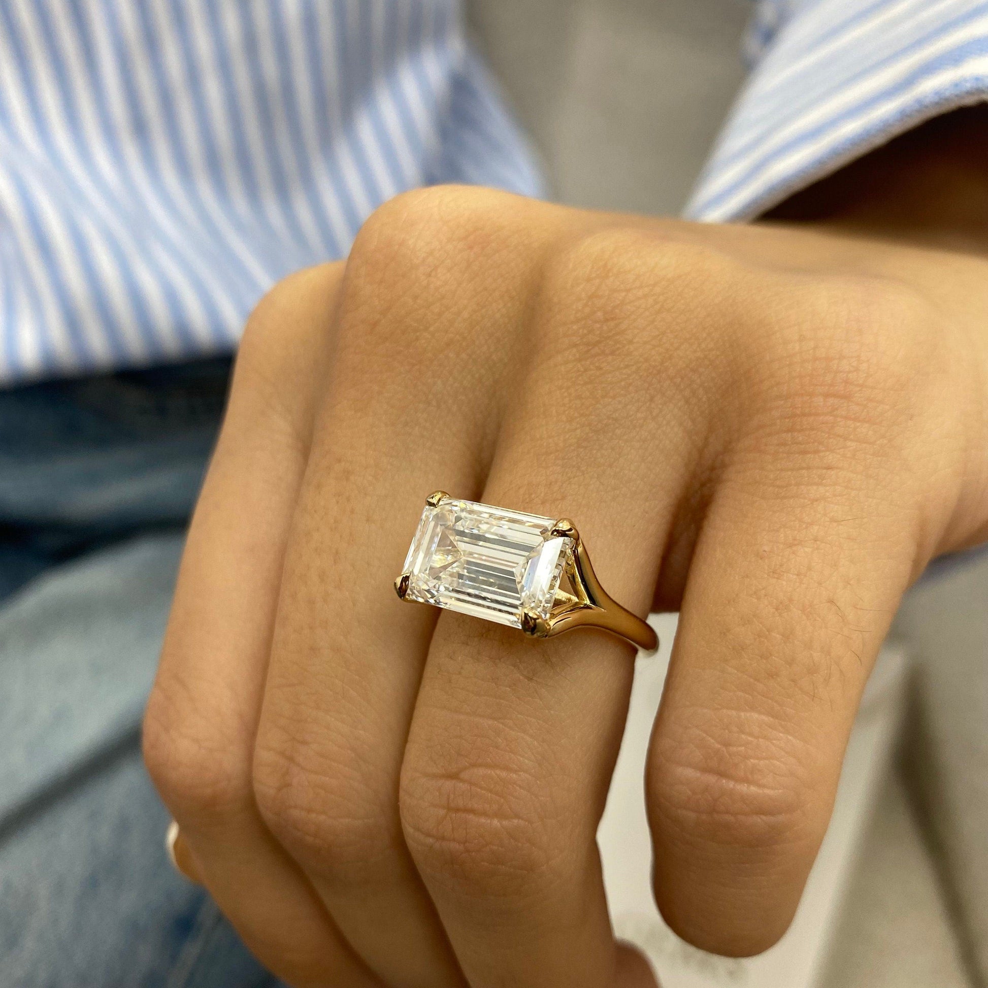 6 Ct Emerald Cut Moissanite Diamond Horizontal Solitaire Proposal Engagement Ring