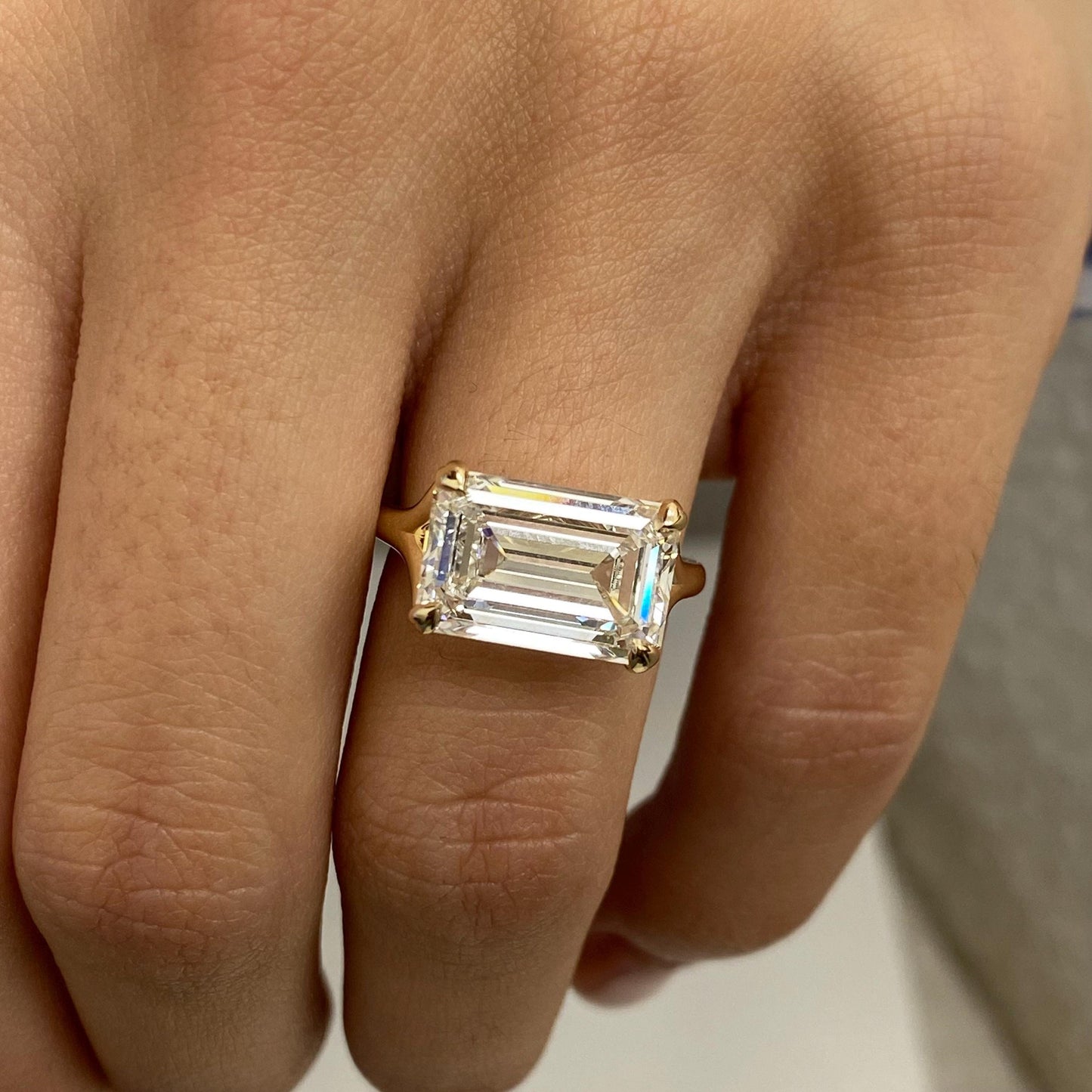 6 Ct Emerald Cut Lab Grown Diamond Horizontal Solitaire Proposal Engagement Ring