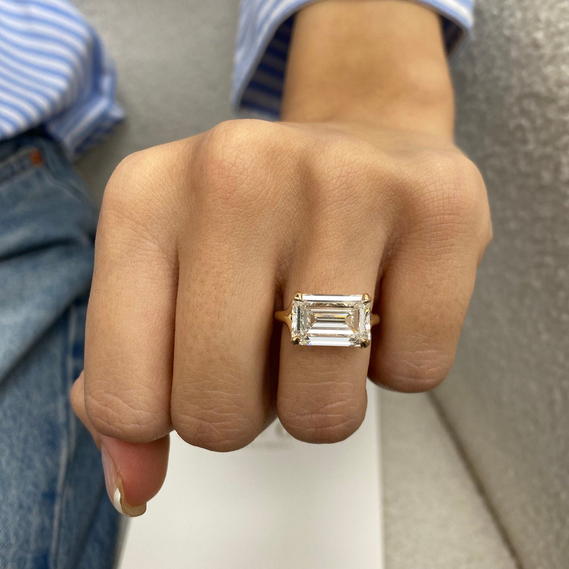 6 Ct Emerald Cut Moissanite Diamond Horizontal Solitaire Proposal Engagement Ring