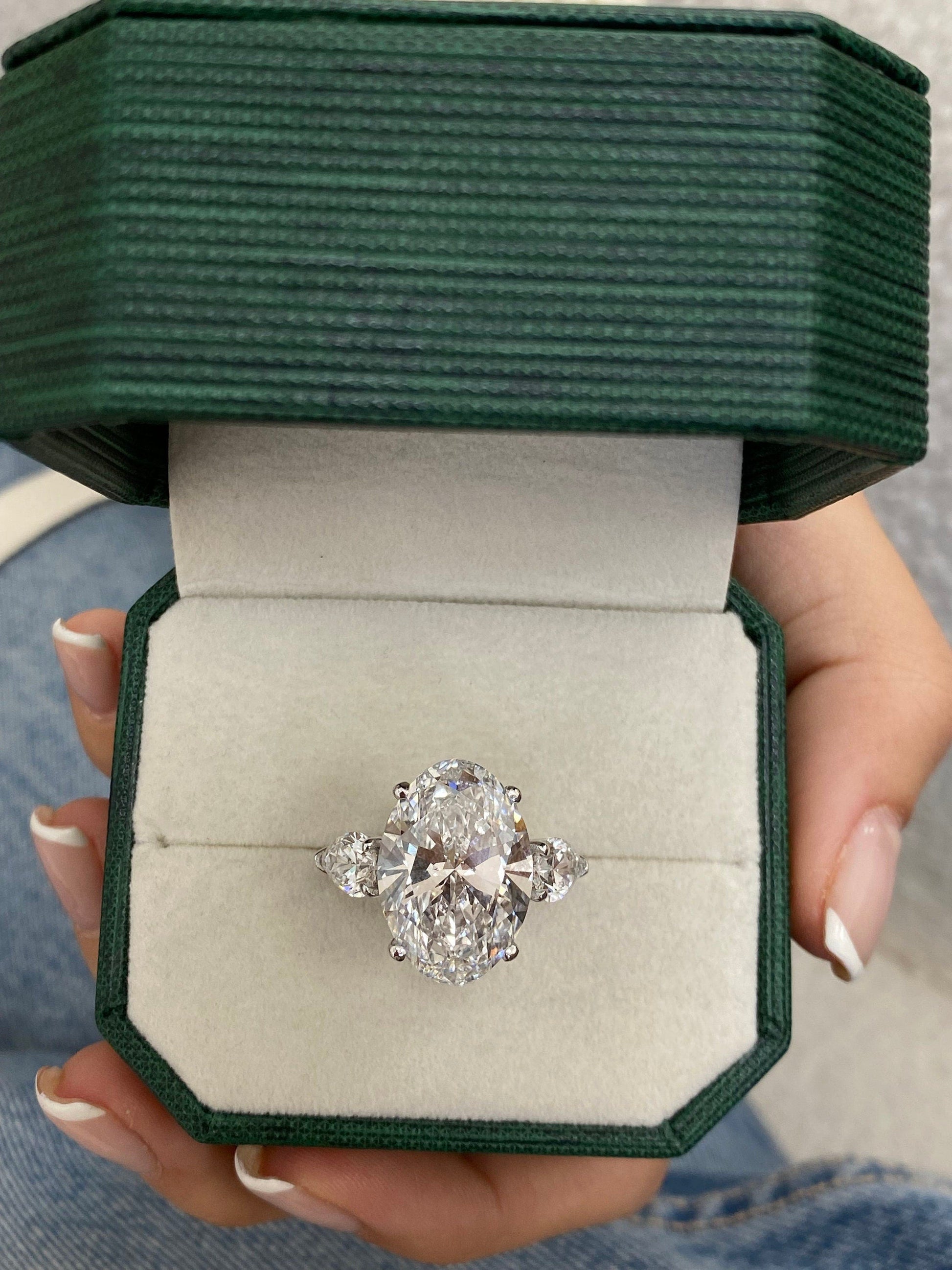 6 Ct Oval Cut Moissanite Diamond Engagement Ring  14kt Gold Three Stone Proposal Ring
