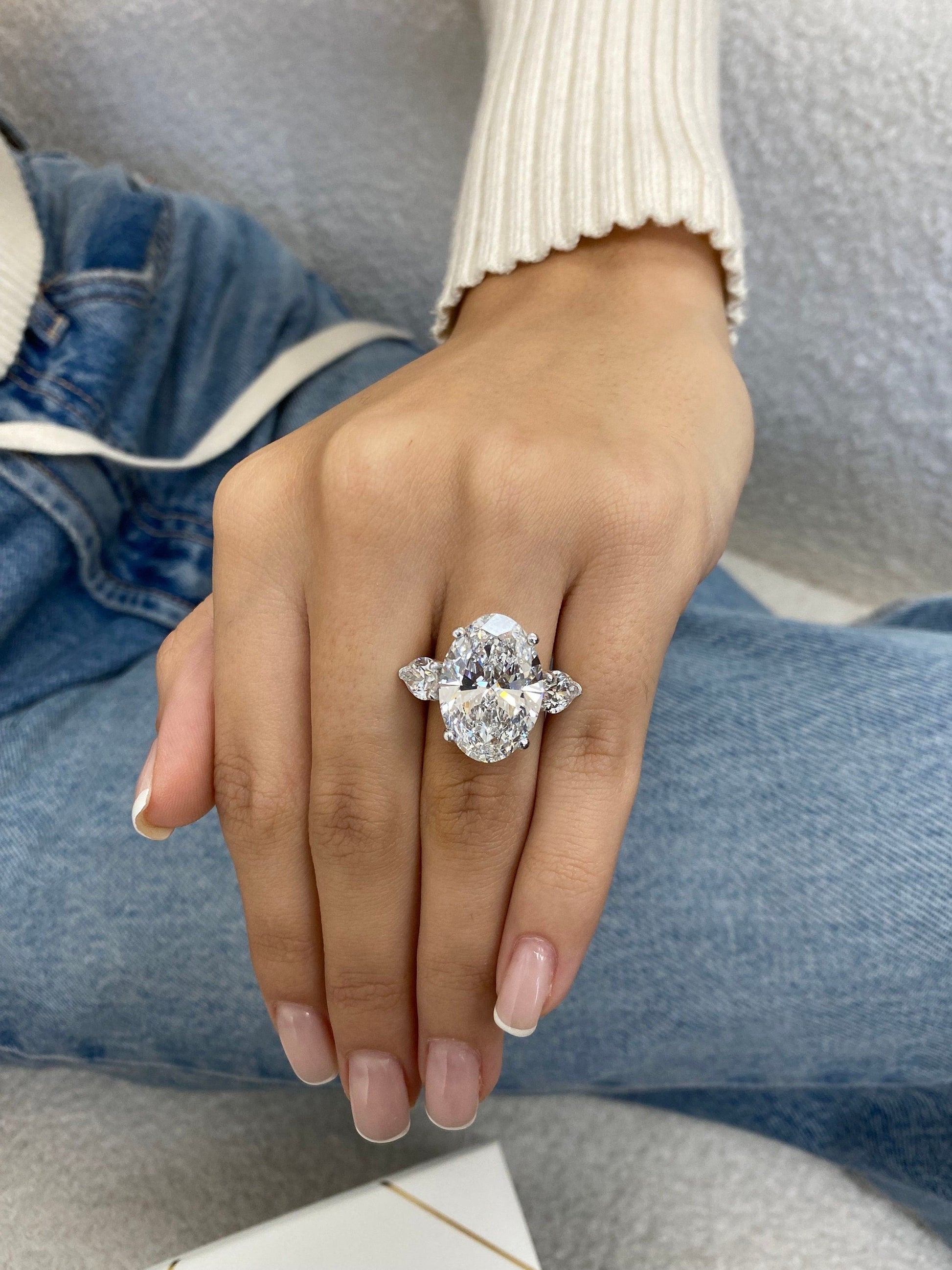 6 Ct Oval Cut Moissanite Diamond Engagement Ring  14kt Gold Three Stone Proposal Ring