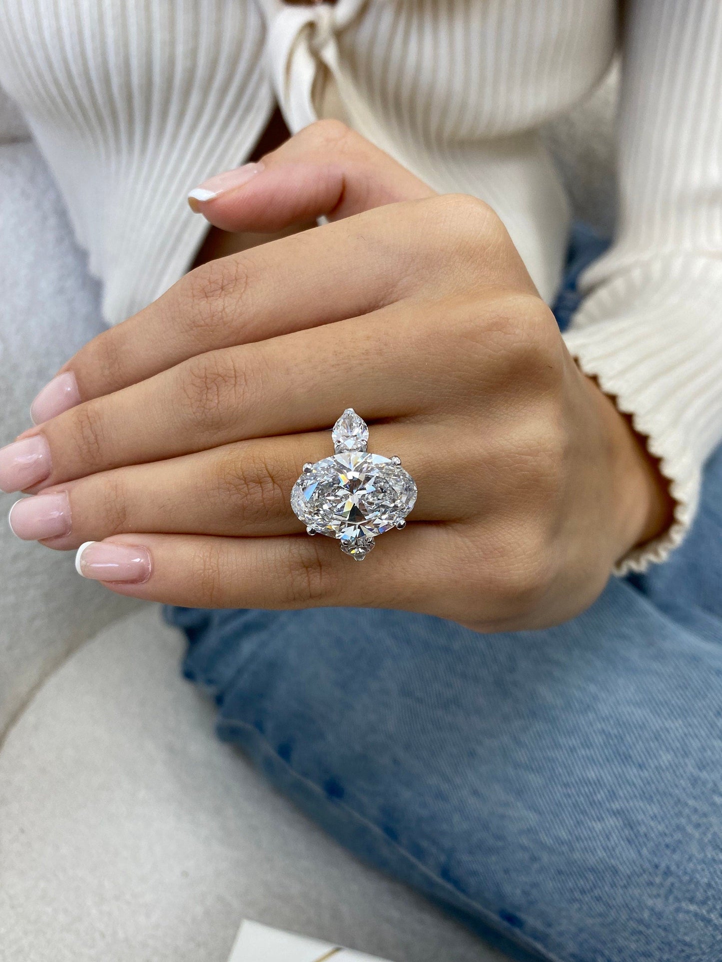 6 Ct Oval Cut Moissanite Diamond Engagement Ring  14kt Gold Three Stone Proposal Ring