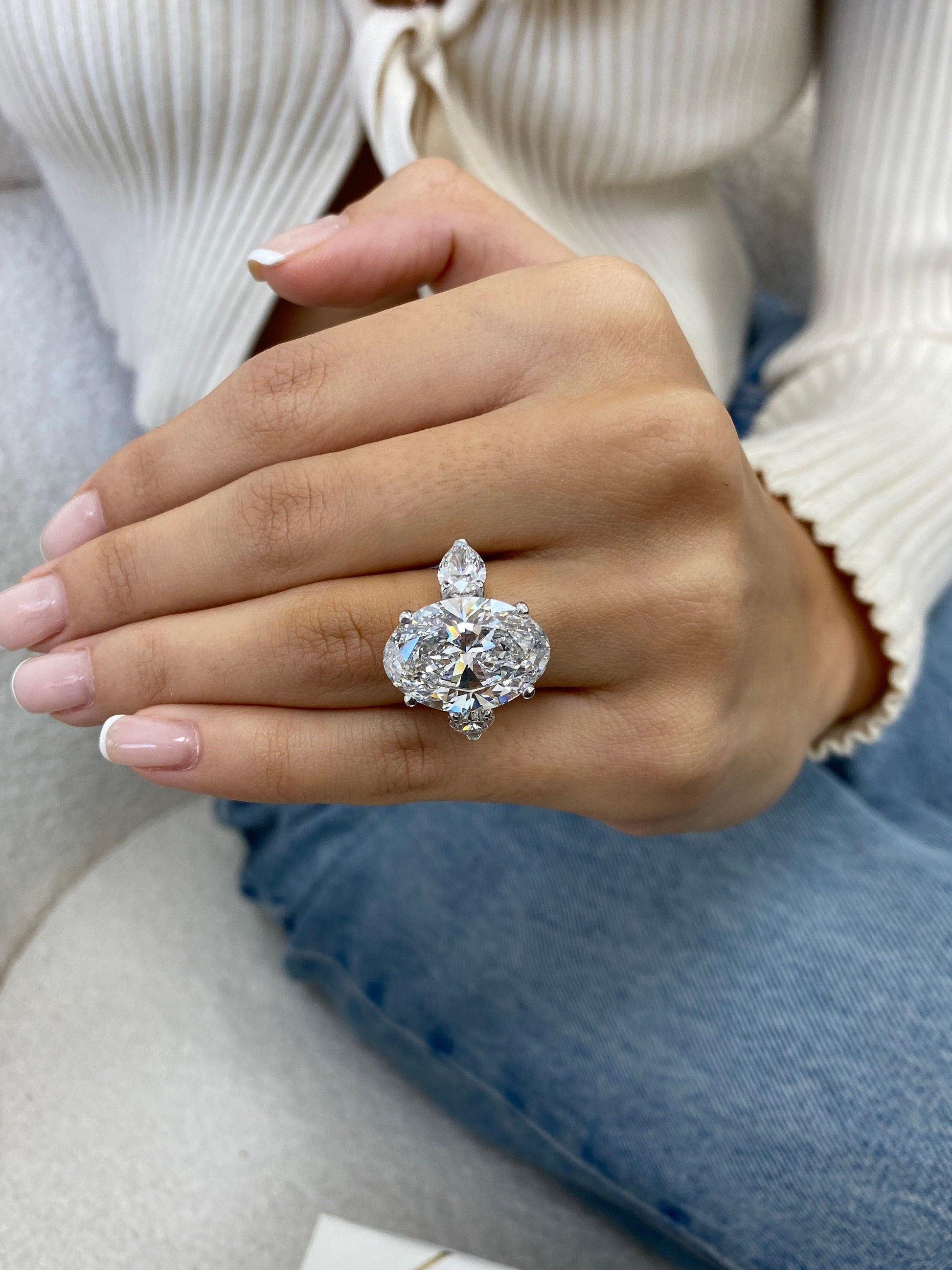 6 Ct Oval Cut Moissanite Diamond Engagement Ring  14kt Gold Three Stone Proposal Ring