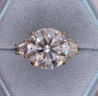 7 CT Round Cut Moissanite  Diamond  Side Baguettes Three Stone Engagement Ring
