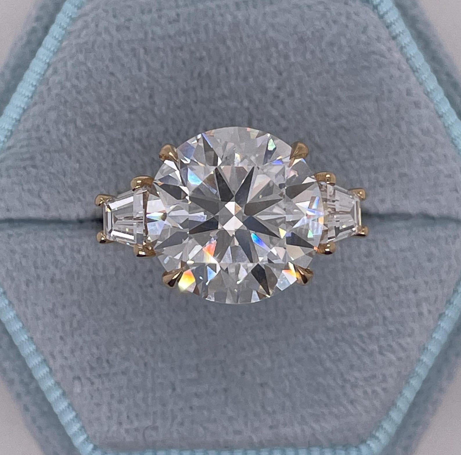7 CT Round Cut Moissanite  Diamond  Side Baguettes Three Stone Engagement Ring