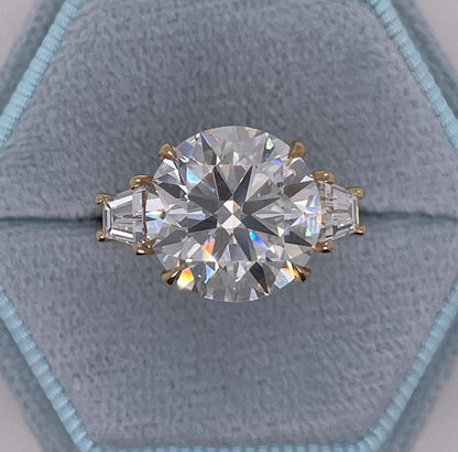 7 CT Round Cut Moissanite  Diamond  Side Baguettes Three Stone Engagement Ring