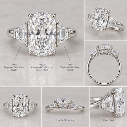7 CT Elongated Cushion Cut Lab Grown Diamond Three Stone Ring 14K Gold