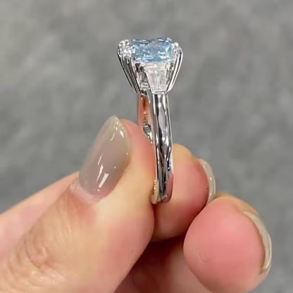 Fancy Intense Blue Cushion Cut 3.50 TCW Lab Grown Diamond Three Stone Engagement Ring 14KT Solid Gold Women's Wedding Anniversary Ring