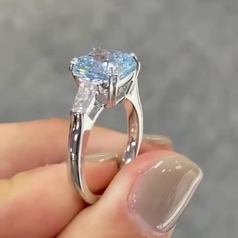 Fancy Intense Blue Cushion Cut 3.50 TCW Lab Grown Diamond Three Stone Engagement Ring 14KT Solid Gold Women's Wedding Anniversary Ring