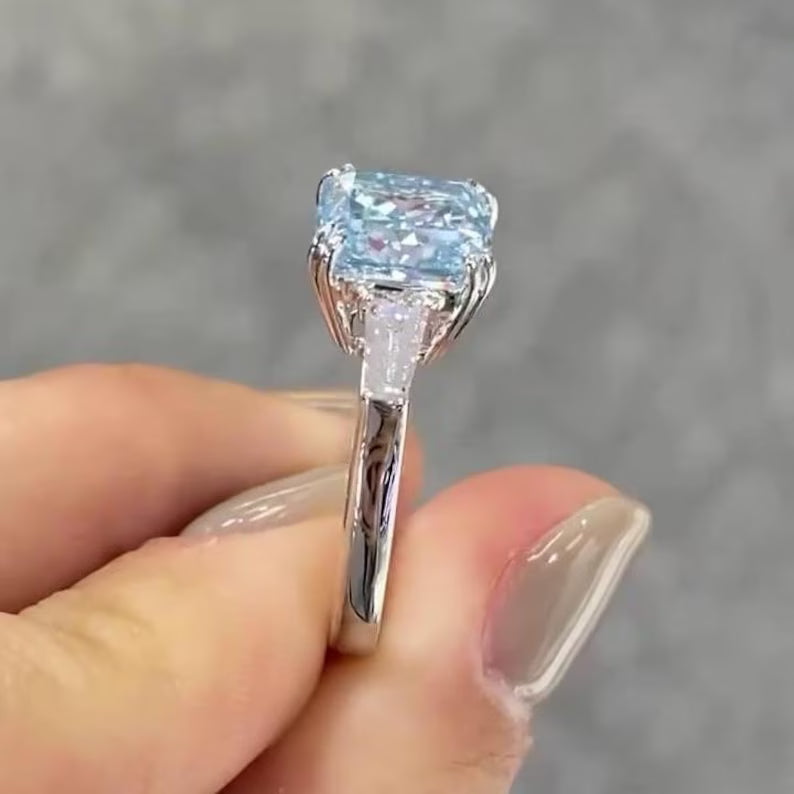 Fancy Intense Blue Cushion Cut 3.50 TCW Lab Grown Diamond Three Stone Engagement Ring 14KT Solid Gold Women's Wedding Anniversary Ring