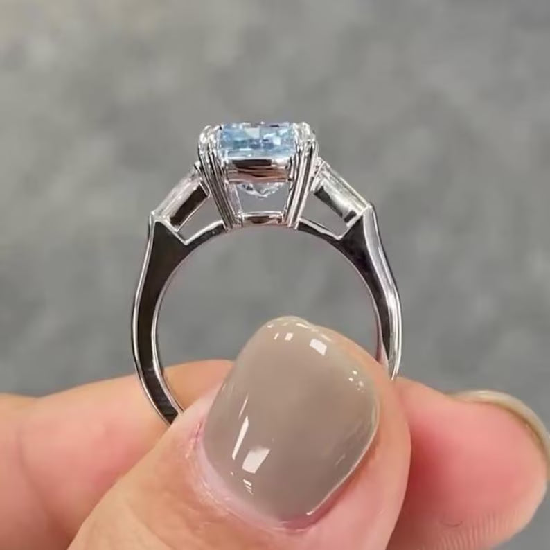 Fancy Intense Blue Cushion Cut 3.50 TCW Lab Grown Diamond Three Stone Engagement Ring 14KT Solid Gold Women's Wedding Anniversary Ring