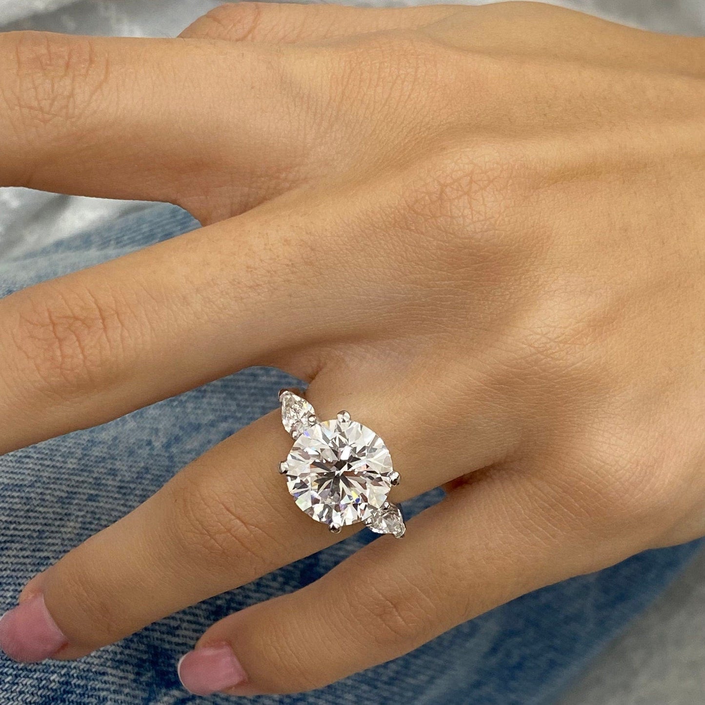 Huge 7.80 CT Round & Side Pear Cut Moissanite Diamond Three Stone Engagement Ring