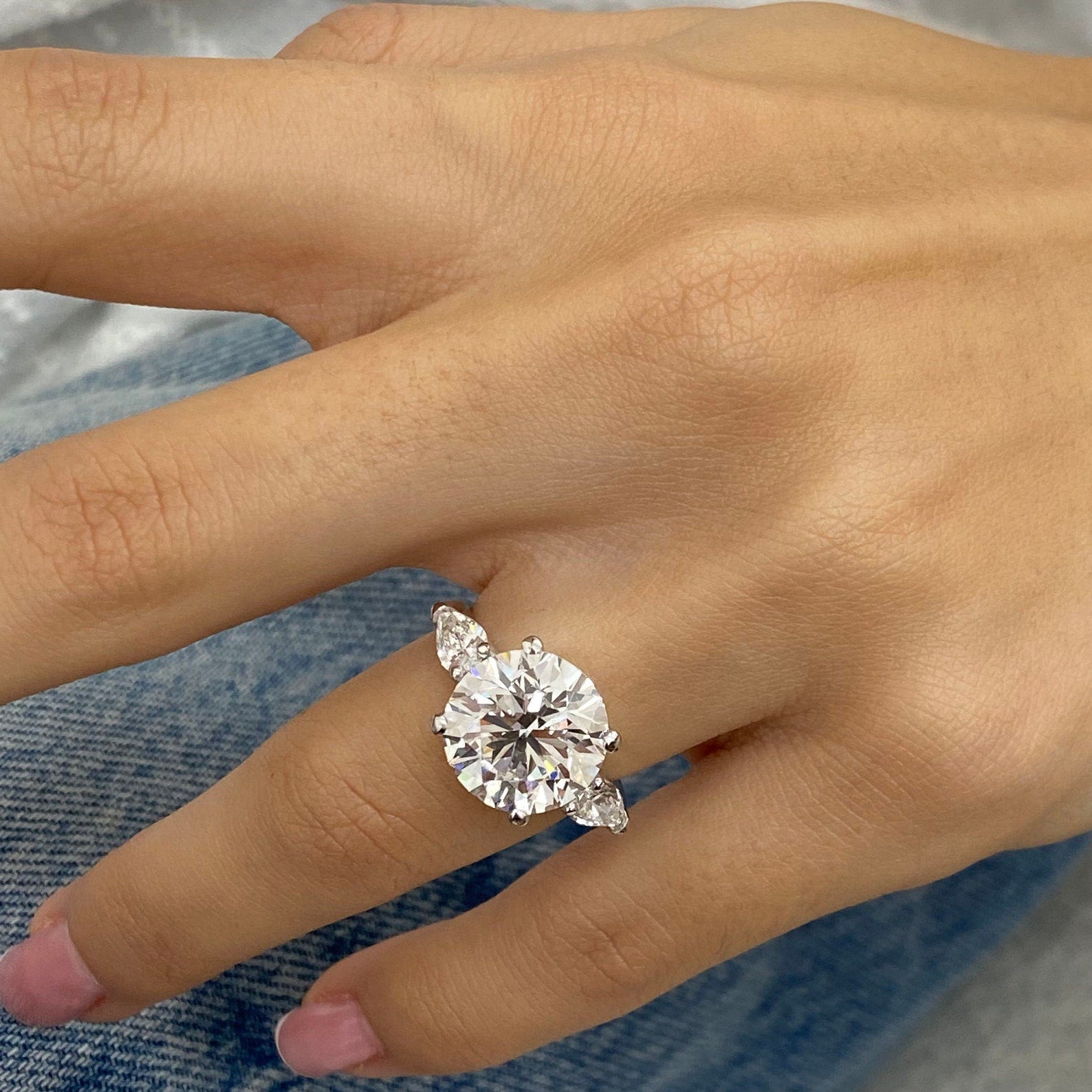 Huge 7.80 CT Round & Side Pear Cut Moissanite Diamond Three Stone Engagement Ring