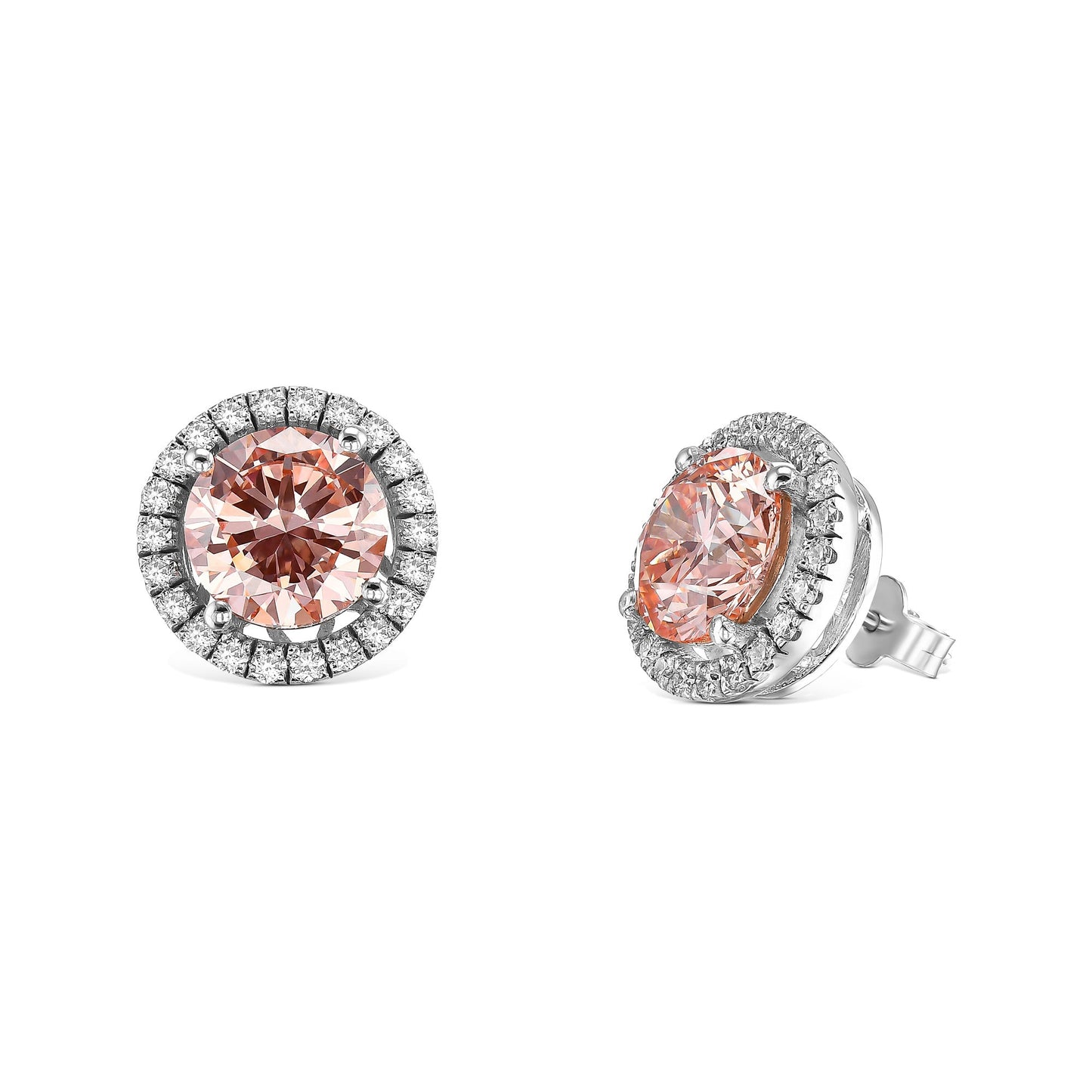 IGI Certified 4 carat Fancy Intense Pink Color VS1 clarity Round Cut Lab Diamond Halo Set Pushback Stud Earrings