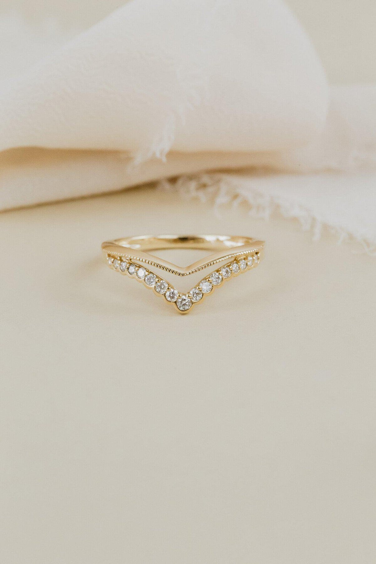  lab grown diamond ring with a chevron design set in a band, displayed against a neutral background.