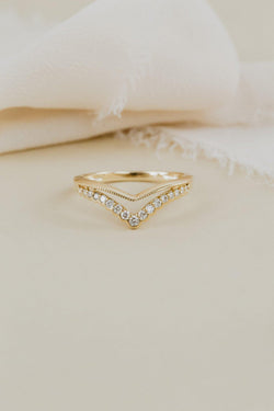  lab grown diamond ring with a chevron design set in a band, displayed against a neutral background.