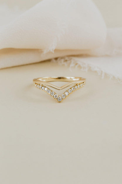  lab grown diamond ring with a chevron design set in a band, displayed against a neutral background.