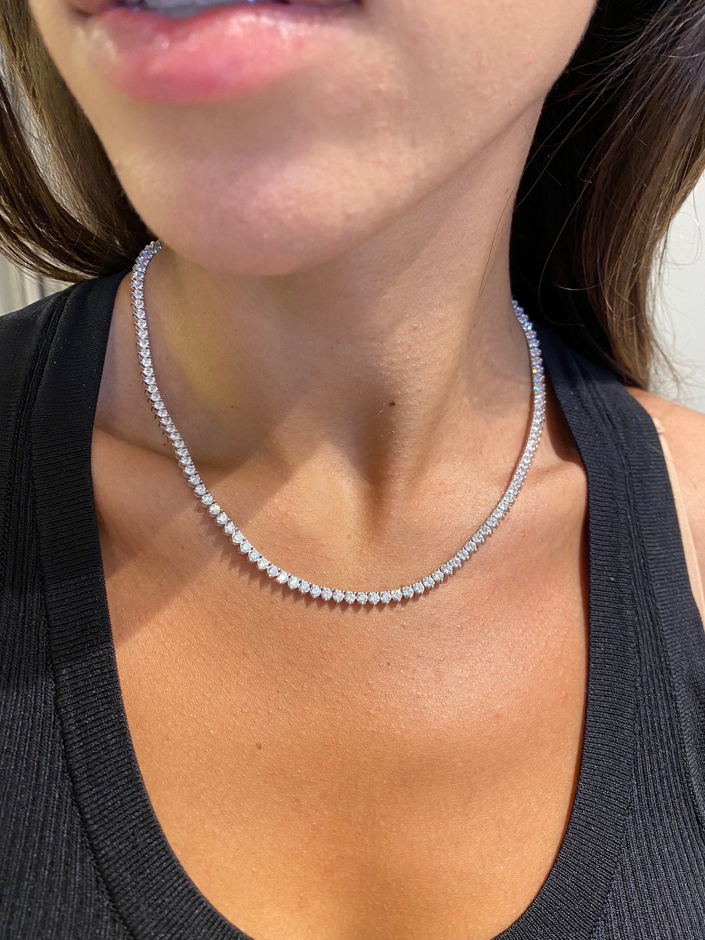 3.00 MM 14k White Gold Round Cut Moissanite Diamond Tennis Pave Set Necklace
