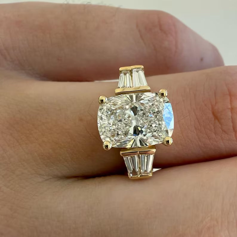 Three Stone Lab Grown Diamond Engagement Ring 3CT Elongated Cushion Cut, Baguette Side Stone Wedding Anniversary Ring Gifts For Her