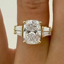 Three Stone Lab Grown Diamond Engagement Ring 3CT Elongated Cushion Cut, Baguette Side Stone Wedding Anniversary Ring Gifts For Her