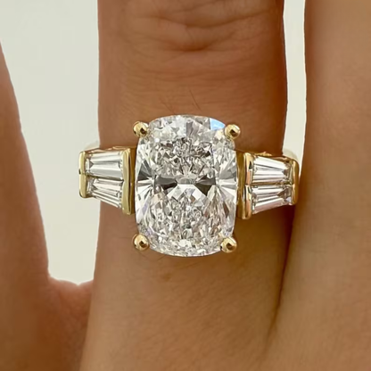Three Stone Lab Grown Diamond Engagement Ring 3CT Elongated Cushion Cut, Baguette Side Stone Wedding Anniversary Ring Gifts For Her