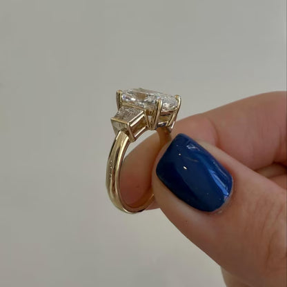 Three Stone Lab Grown Diamond Engagement Ring 3CT Elongated Cushion Cut, Baguette Side Stone Wedding Anniversary Ring Gifts For Her