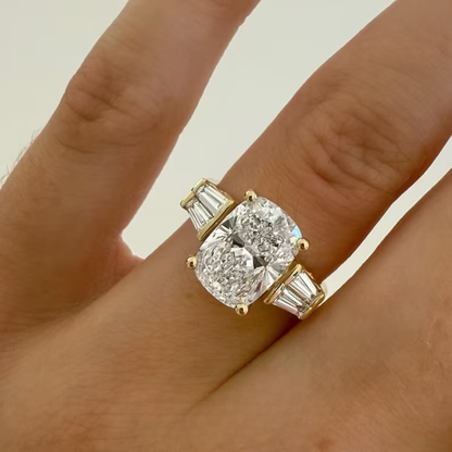 Three Stone Lab Grown Diamond Engagement Ring 3CT Elongated Cushion Cut, Baguette Side Stone Wedding Anniversary Ring Gifts For Her