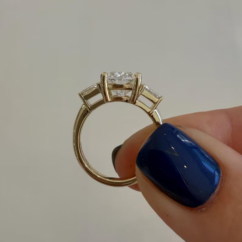 Three Stone Lab Grown Diamond Engagement Ring 3CT Elongated Cushion Cut, Baguette Side Stone Wedding Anniversary Ring Gifts For Her
