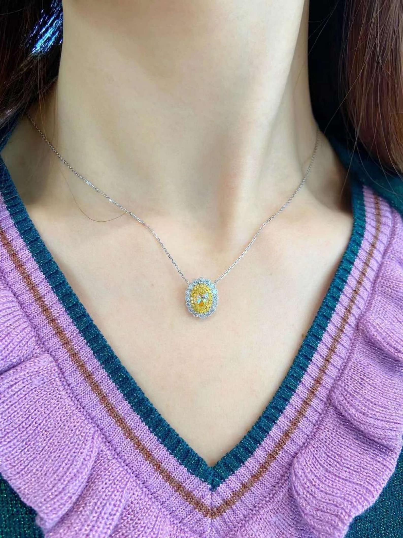 14kt white gold Oval Cut Intense yellow Lab Grown diamond Halo Quality pendant Necklace