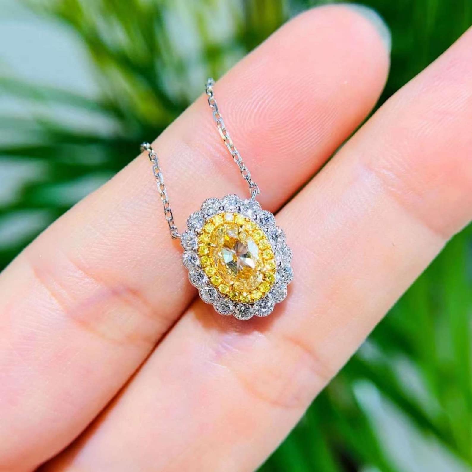 14kt white gold Oval Cut Intense yellow Lab Grown diamond Halo Quality pendant Necklace