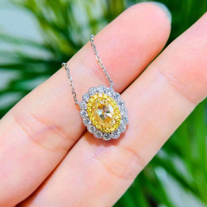 14kt white gold Oval Cut Intense yellow Lab Grown diamond Halo Quality pendant Necklace