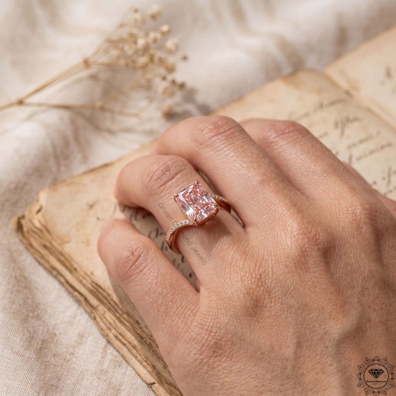 4ct Radiant Pink Lab Grown Diamond Engagement Ring 14K Gold
