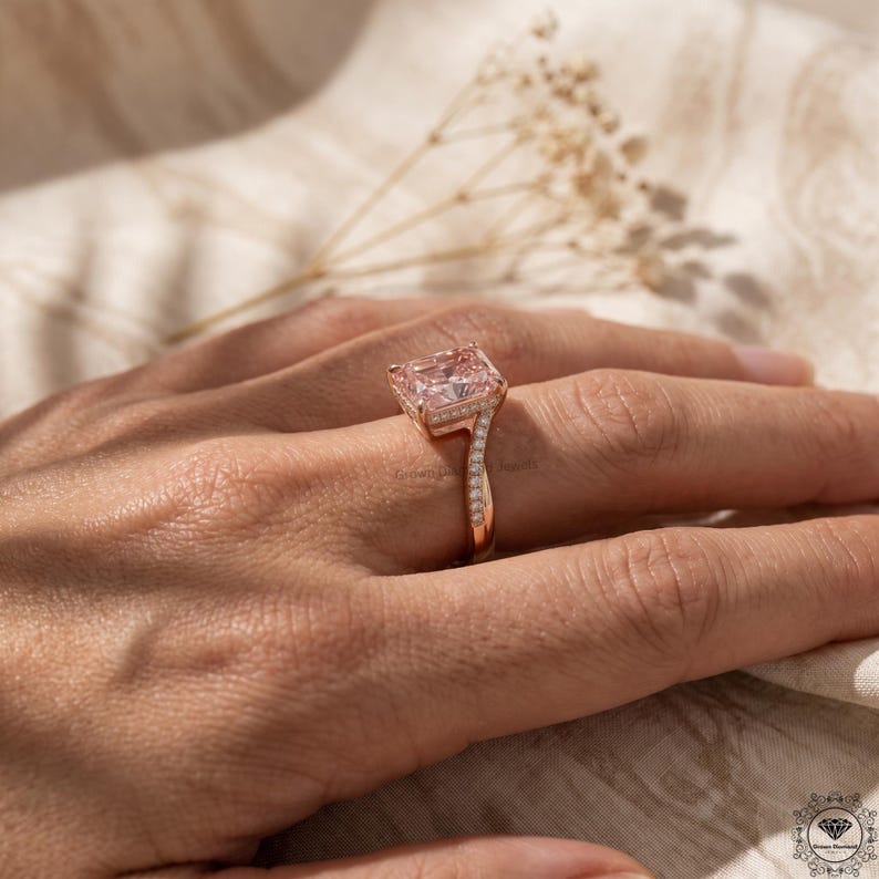 4ct Radiant Pink Lab Grown Diamond Engagement Ring 14K Gold