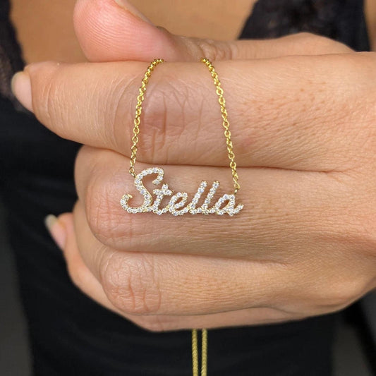 14k Gold Diamond Name Necklace Personalized Lab Grown - GrownDiamondJewels