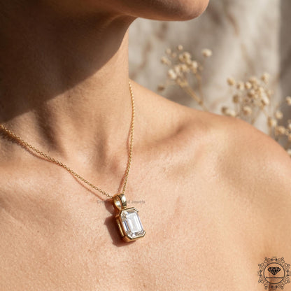 Lab Grown Emerald Diamond Bezel Set Solitaire Pendant - GrownDiamondJewels